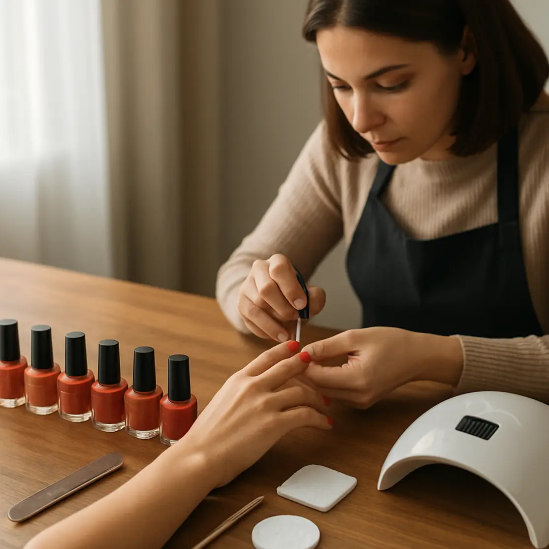 Bancada de manicure com materiais e profissional em perfil aplicando acabamento final nas unhas
