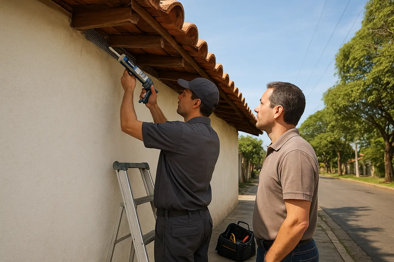 Técnico e morador inspecionando frestas no beiral do telhado durante o dia