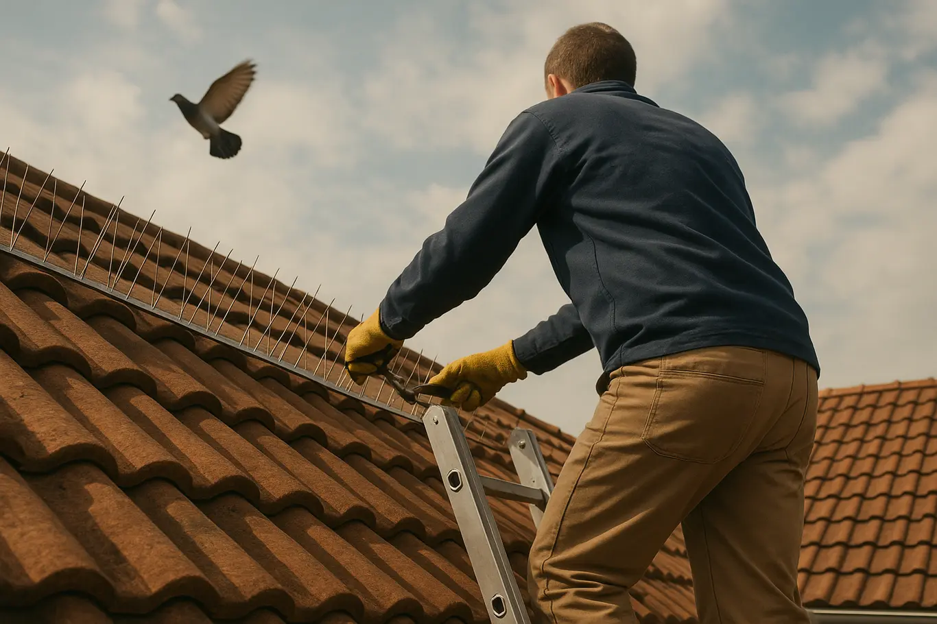 Pessoa de costas instalando tiras anti-pombo em telhado, pombo voando ao fundo