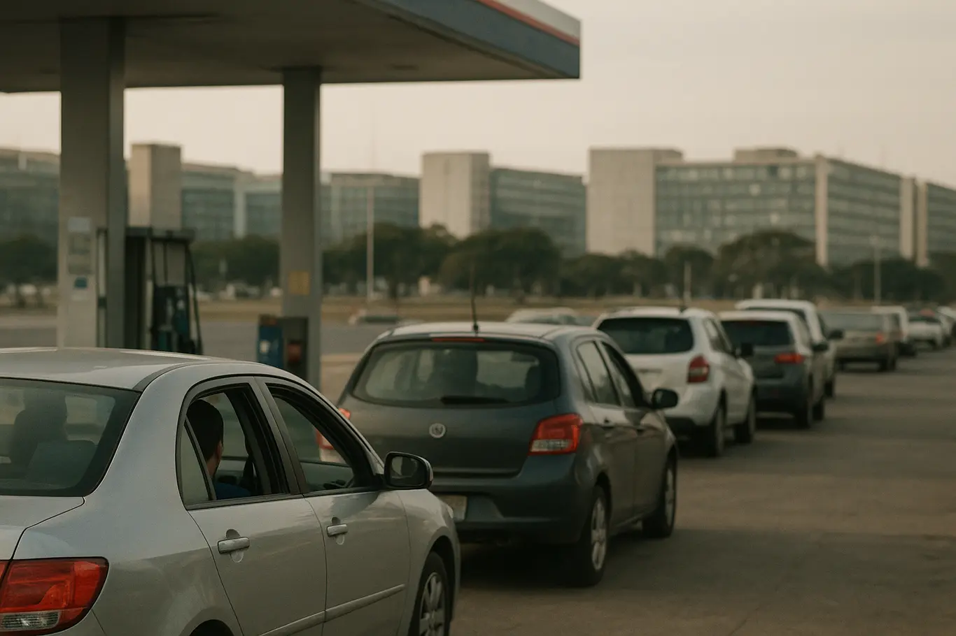 Fila de carros em posto de combustíveis em Brasília com Esplanada ao fundo