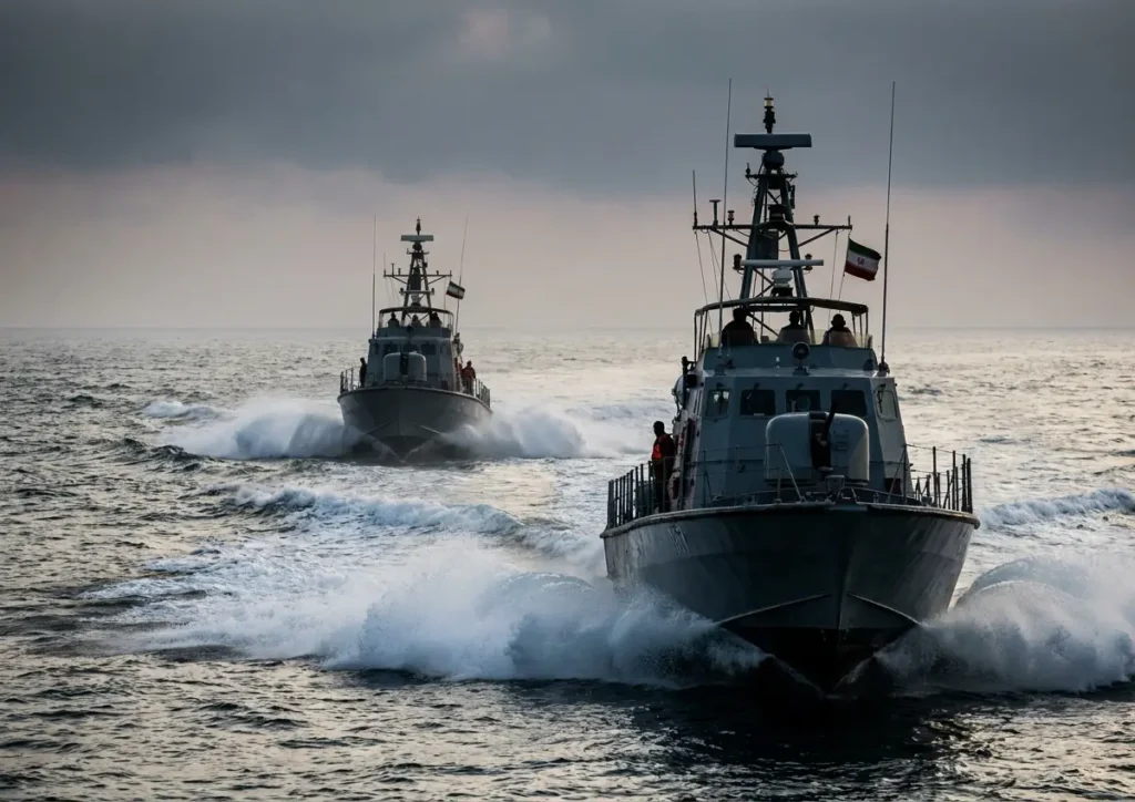 Navios-patrulha iranianos no Estreito de Ormuz ao entardecer