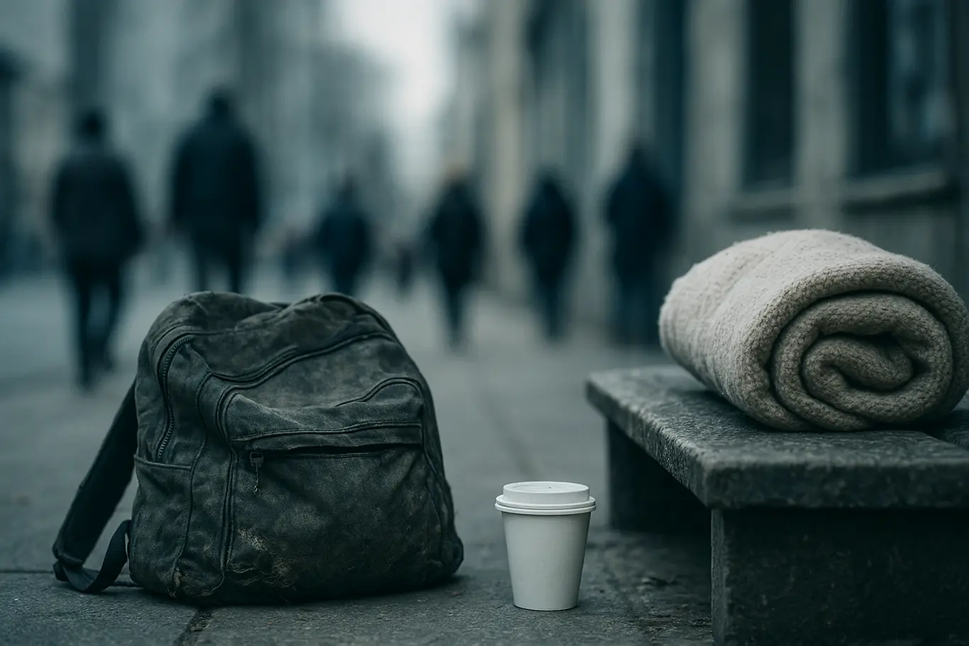 Close em mochila e cobertor abandonados em banco de praça com pessoas desfocadas ao fundo