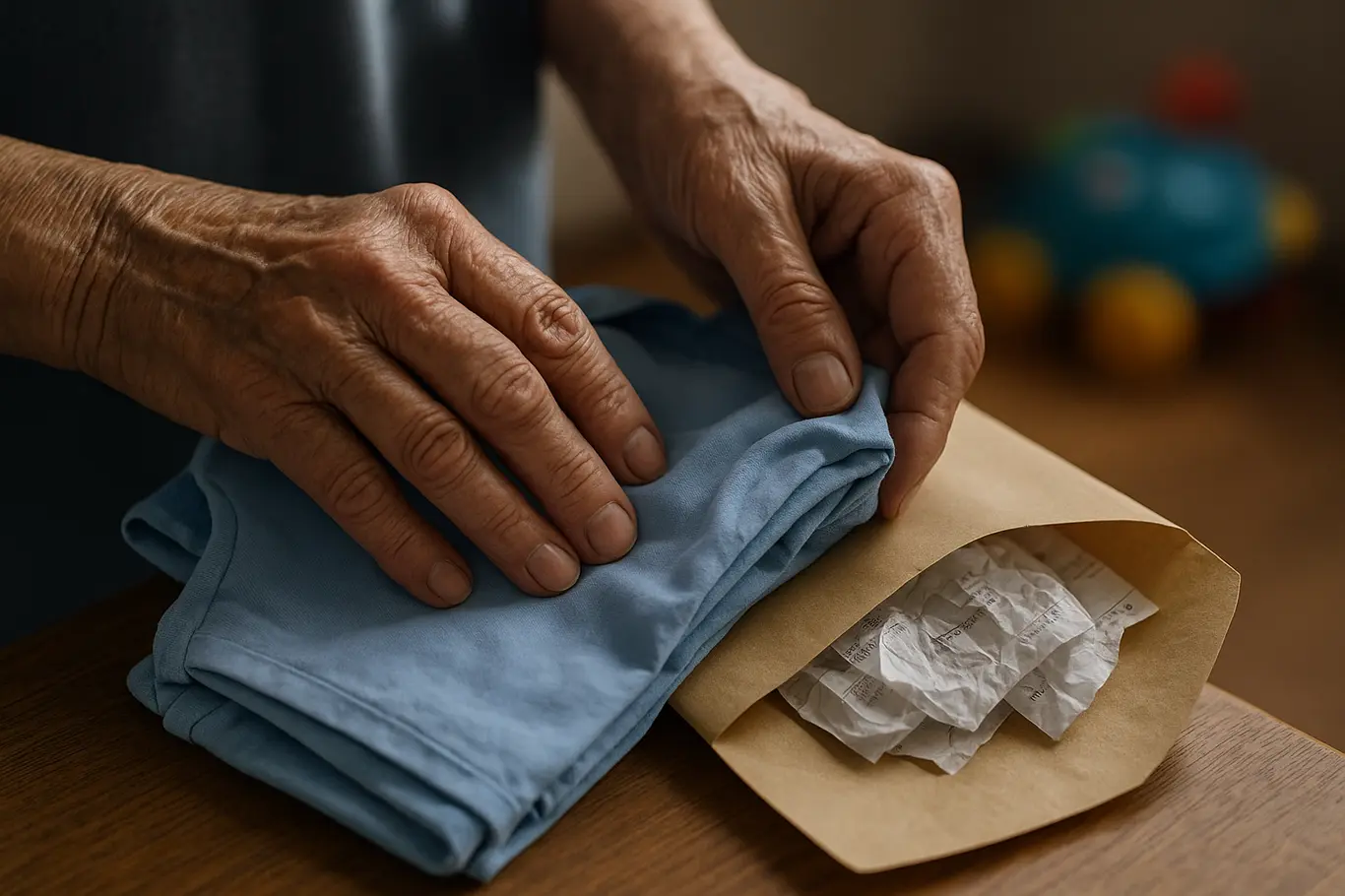 Detalhe das mãos de uma cuidadora dobrando uniforme e guardando recibos