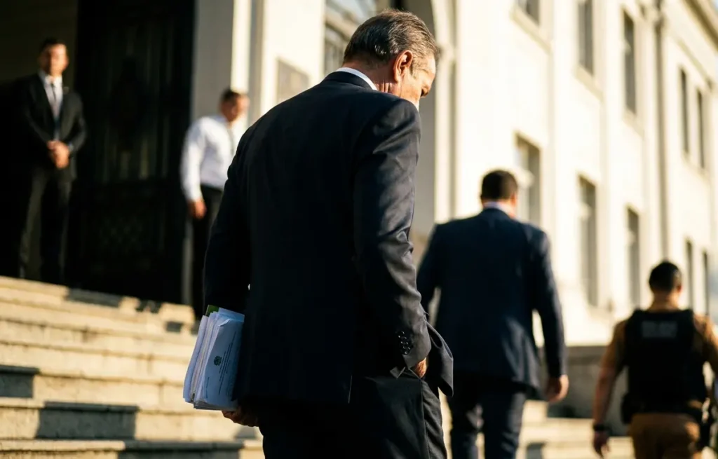 Ex-lutador de costas subindo os degraus do palácio do governo de Santa Catarina, rosto não identificável