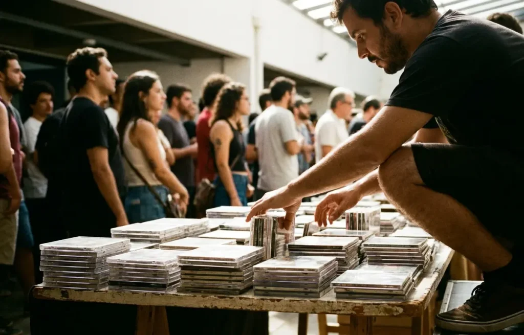 Vendedor organizando pilhas de CDs em banca durante feira no Infinu, público desfocado ao fundo.