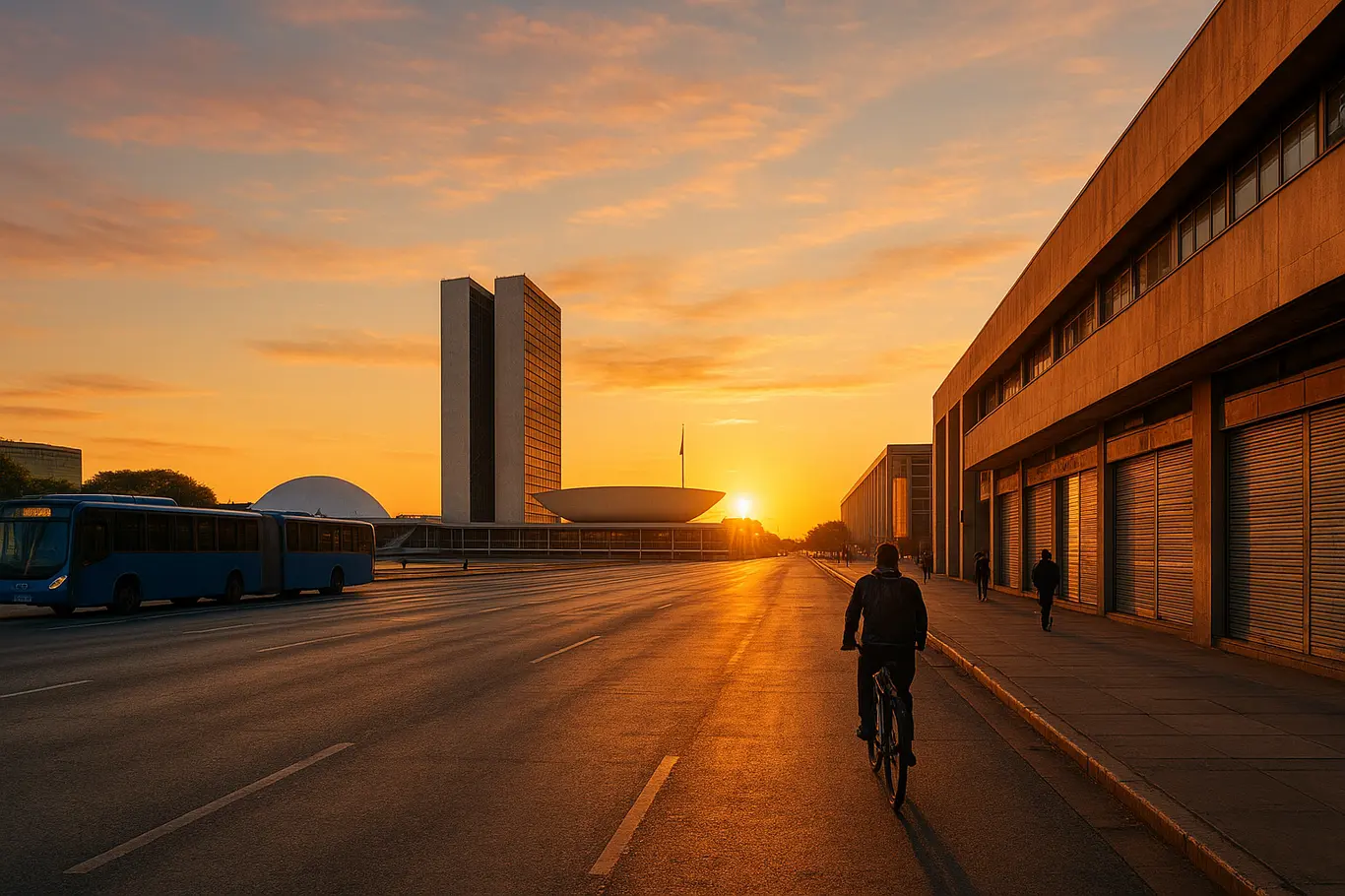 Vista ampla do Eixo Monumental de Brasília com ônibus parados e lojas fechadas ao amanhecer