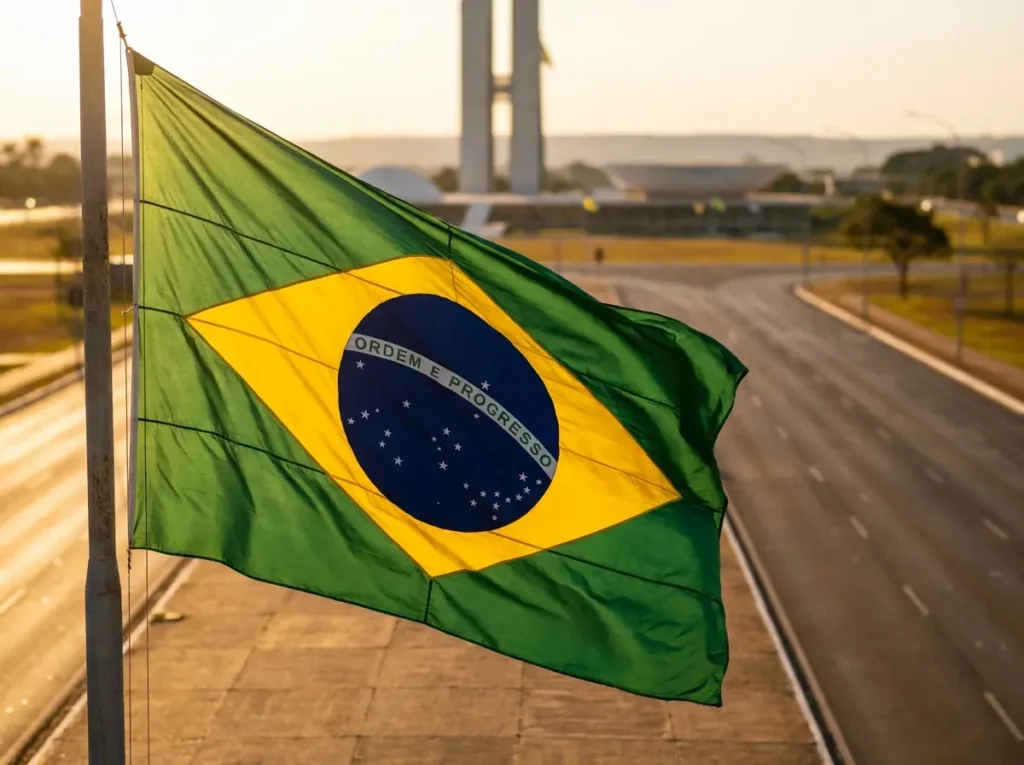 O que abre e fecha em Brasília no feriado de 21 de abril de 2026 Bandeira do Brasil tremulando no Eixo Monumental com Congresso Nacional ao fundo ao amanhecer