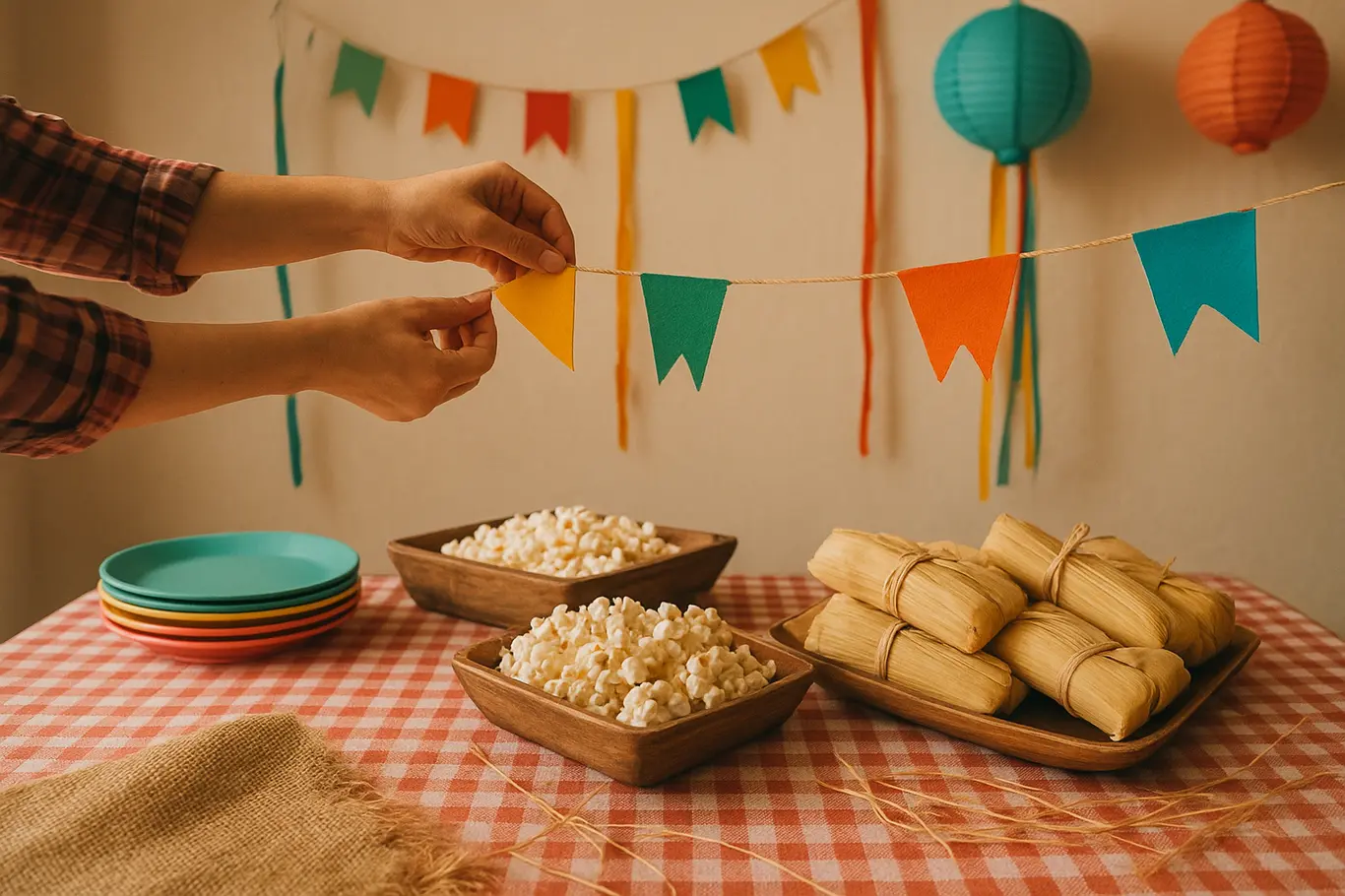 Mãos arrumando bandeirinhas e petiscos típicos sobre mesa decorada para festa junina