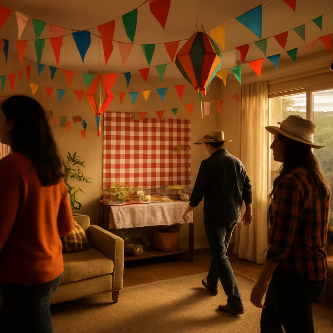 Sala de estar ampla decorada com bandeirinhas e lanternas para festa junina