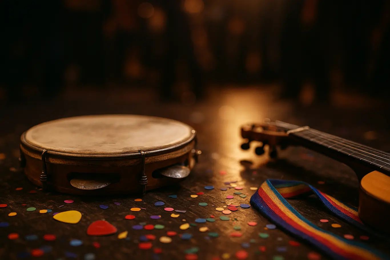 Detalhe de pandeiro e cabeça de cavaquinho com confete no chão do Godofredo