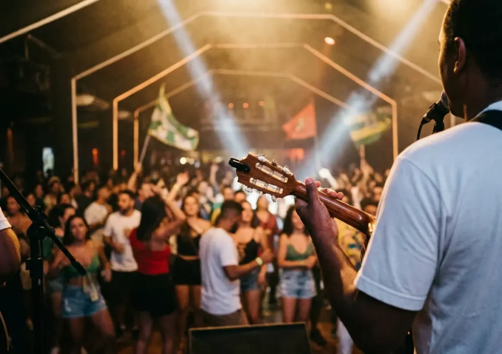 Músico de costas tocando cavaquinho no palco do Godofredo durante Festa Magnética