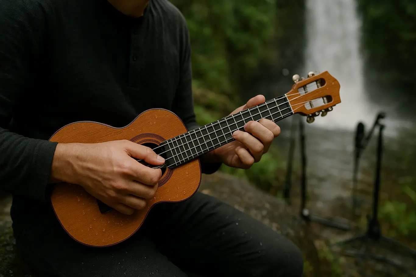 Close do cavaquinho sobre pedra molhada com mãos do músico parcialmente visíveis e gotas de água