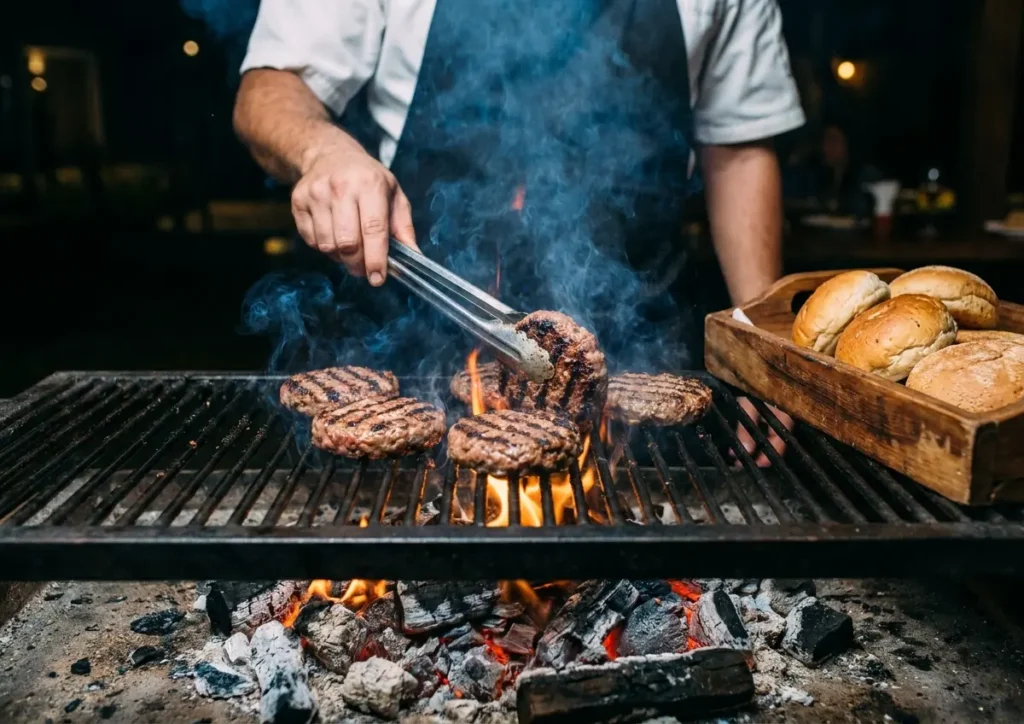 Chef de costas virando hambúrguer na parrilla com chamas e fumaça