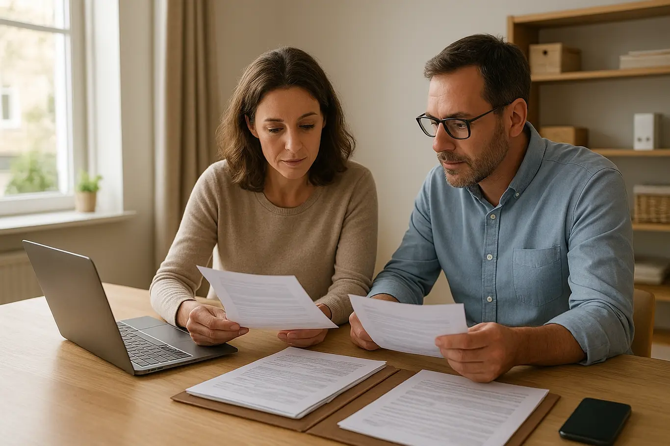 Mesa com duas pessoas em perfil revisando extratos e documentos