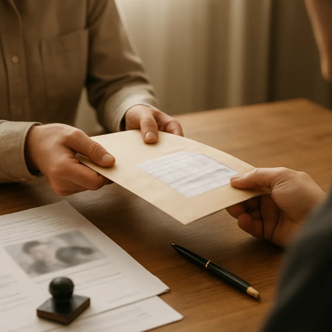 Close-up de mãos trocando envelope com recibos sobre mesa