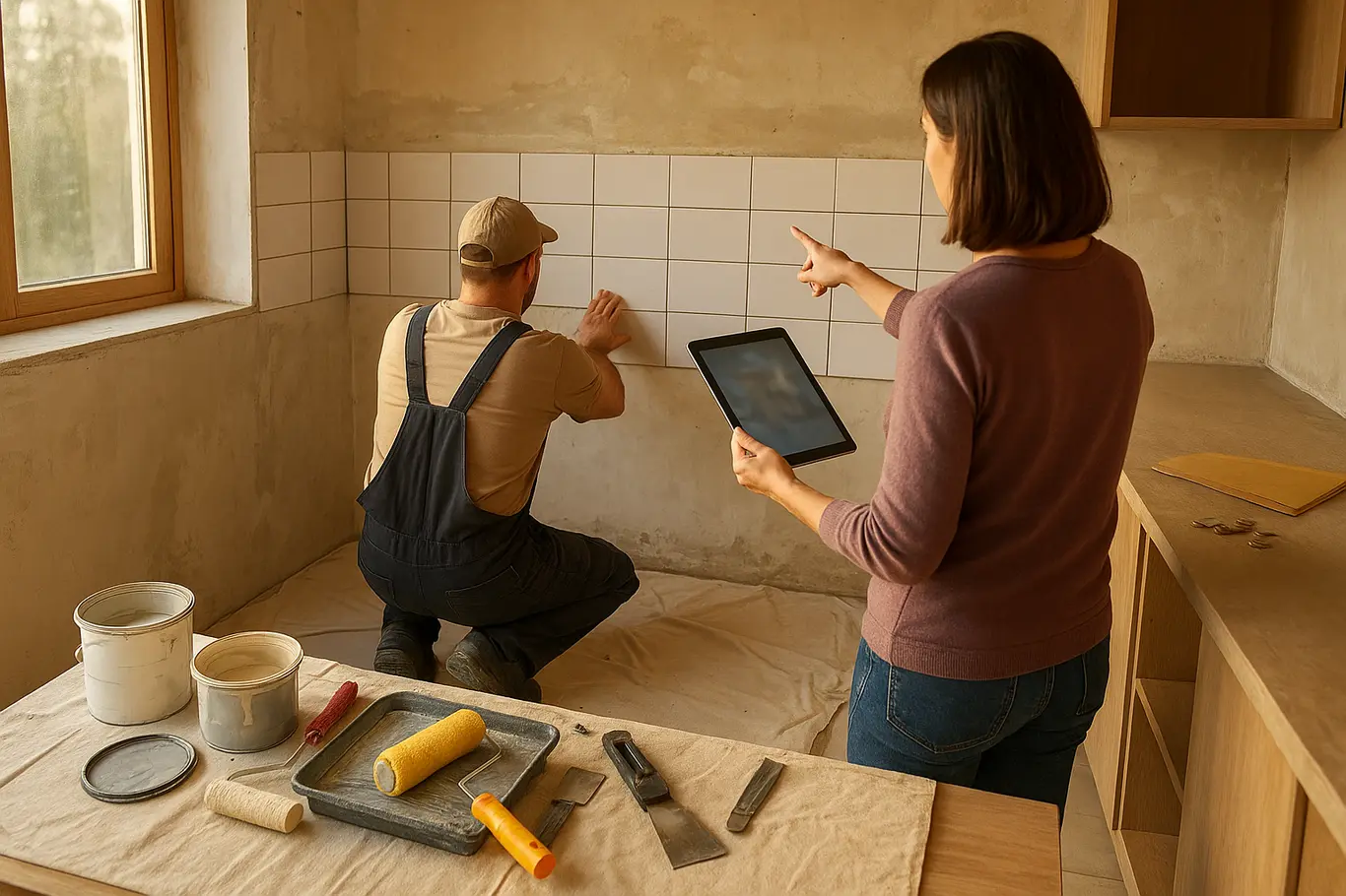 Cozinha em reforma com trabalhador assentando azulejos e moradora de costas com tablet