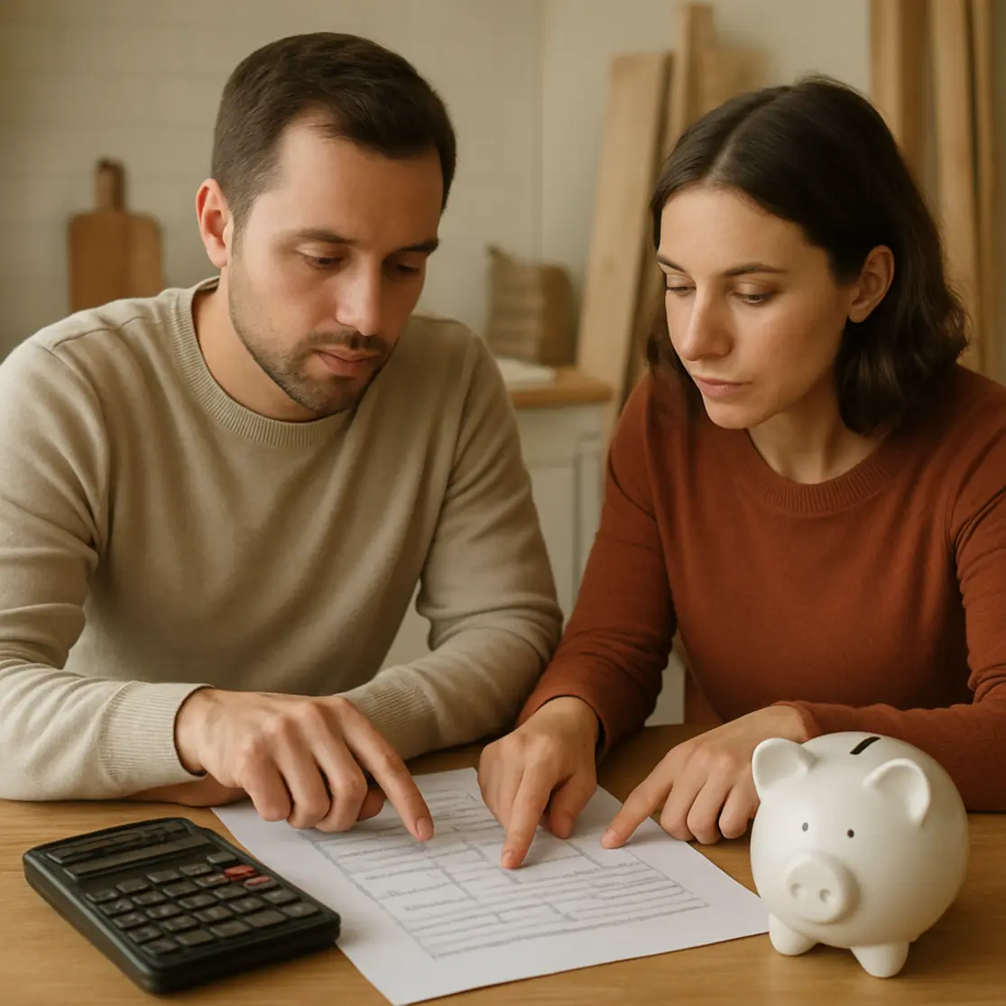 Casal em perfil revisando plantas e orçamento à mesa com calculadora e cofrinho