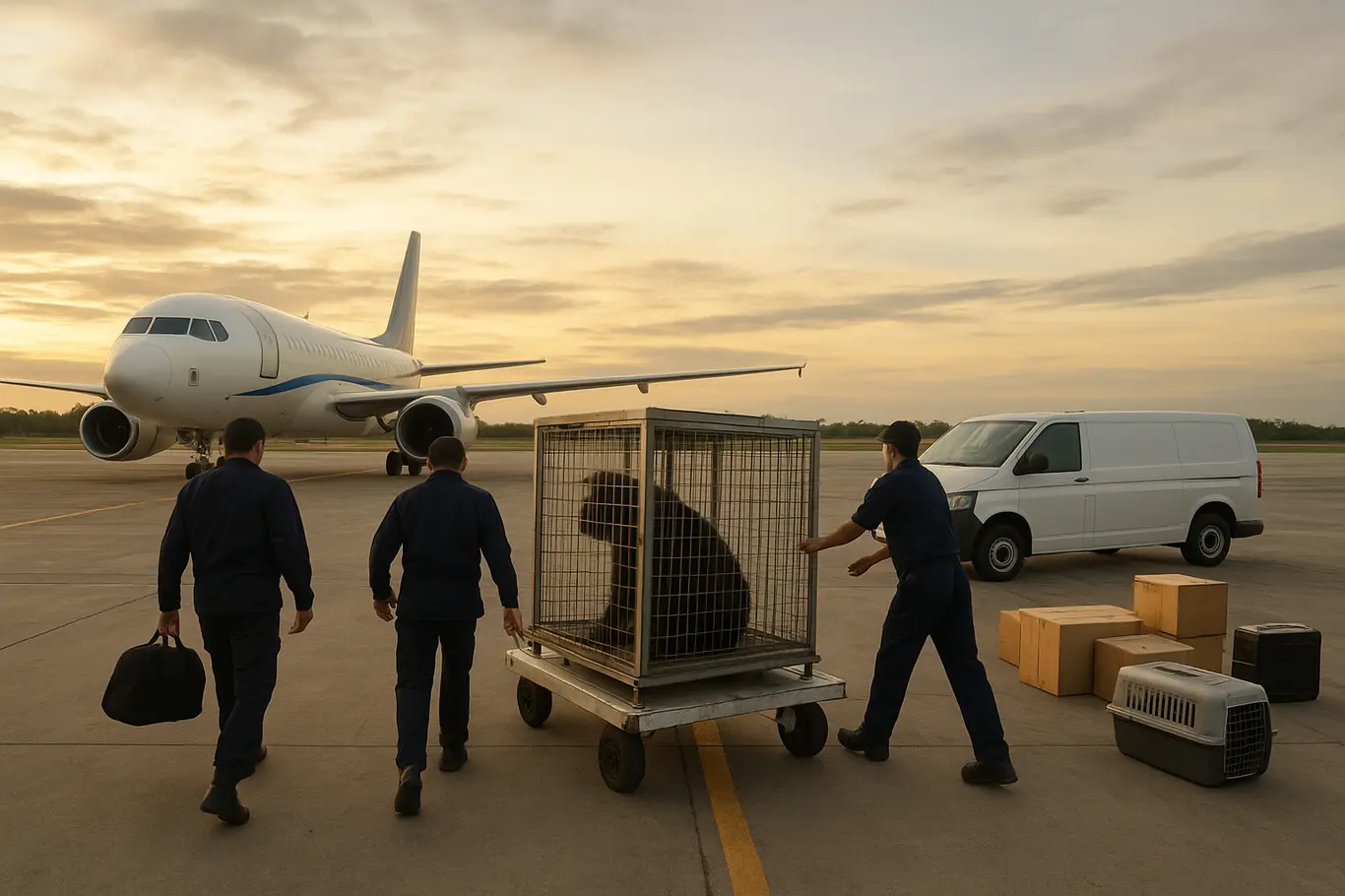Aeronave e equipe movimentando gaiola de transporte na pista