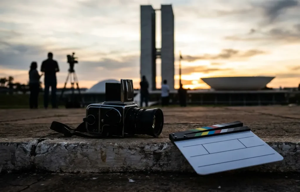 Câmera de cinema e claquete em primeiro plano com Congresso Nacional ao fundo ao entardecer