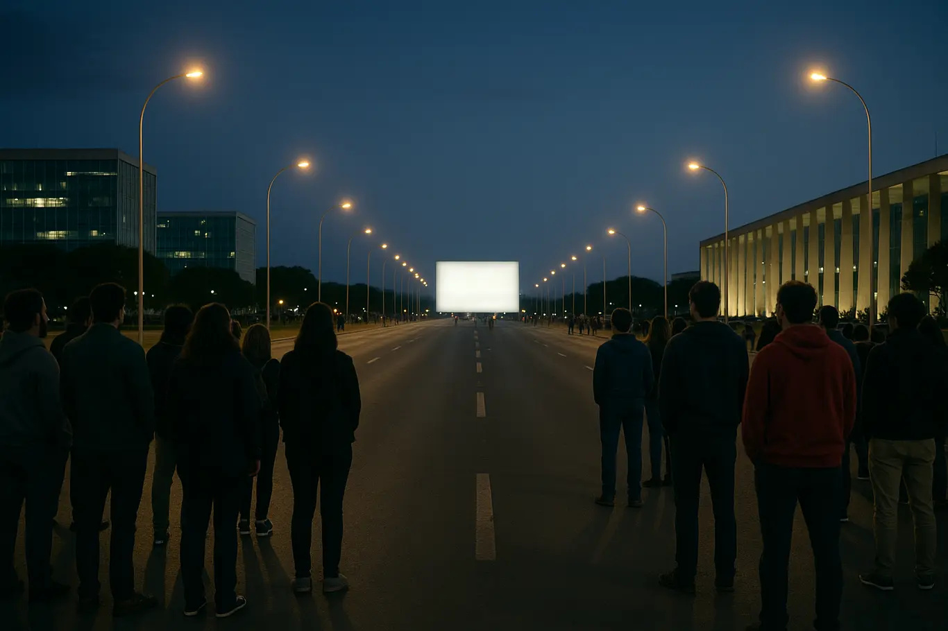 Grupos de pessoas vistos de costas na Esplanada dos Ministérios formando uma divisão visual