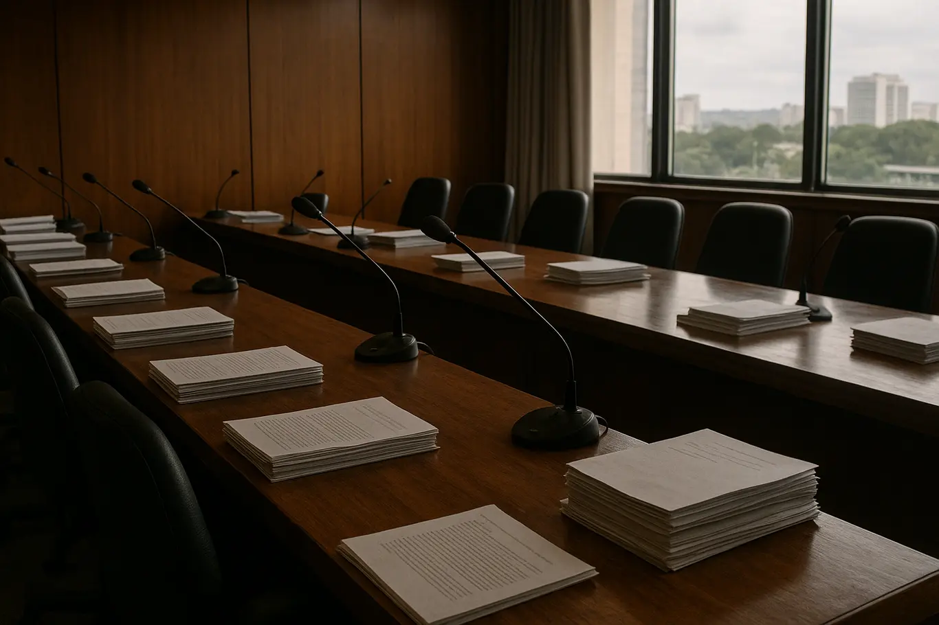 Plenário de comissão vazio com microfones e documentos sobre a mesa, iluminação natural lateral