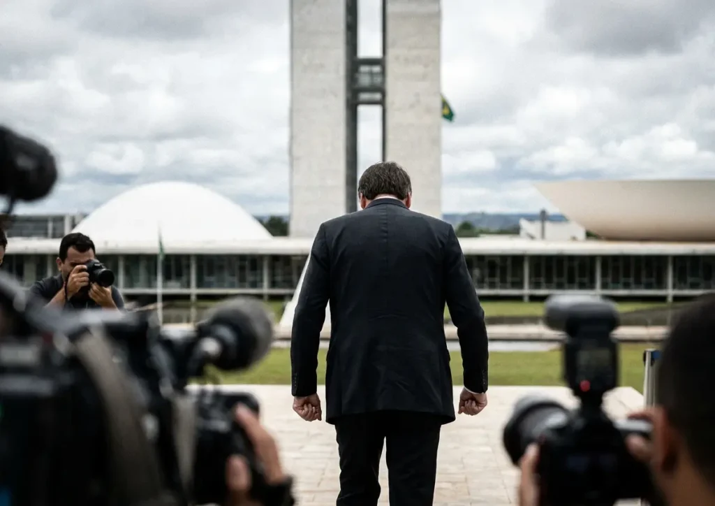 Figura de costas em terno caminhando em direção ao Congresso Nacional com fotógrafos desfocados em primeiro plano