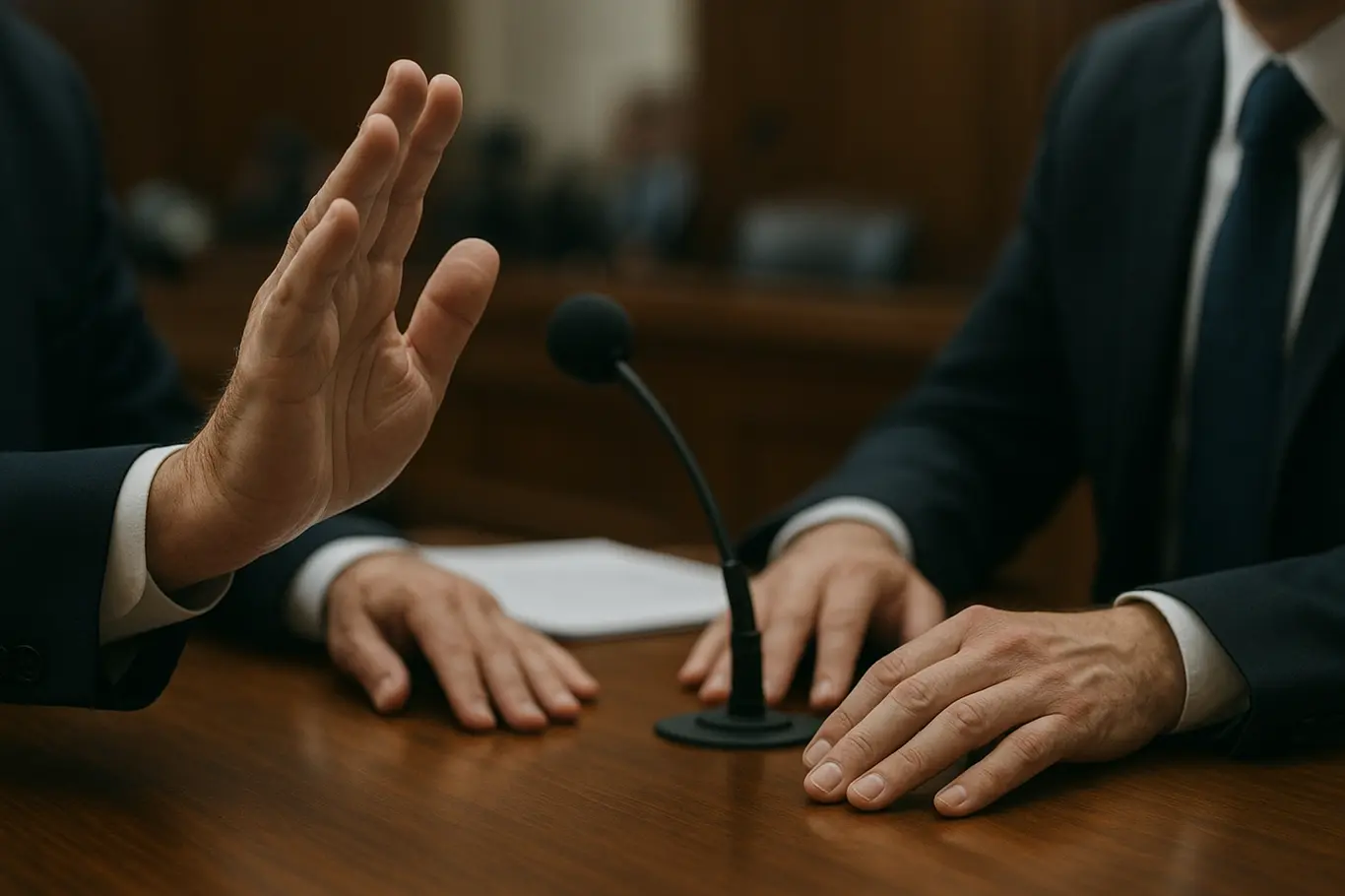 Close-up de mãos em gesto de afastamento sobre mesa em sala de comissões