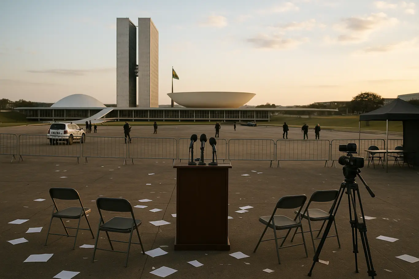 Esplanada dos Ministérios com viaturas ao longe, bancas de imprensa vazias e microfones apontados para um pódio desocupado.