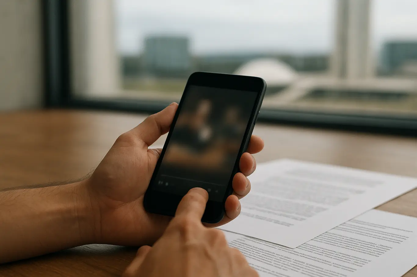 Mãos segurando celular com tela desfocada sobre mesa com documentos, vista desfocada de Brasília ao fundo