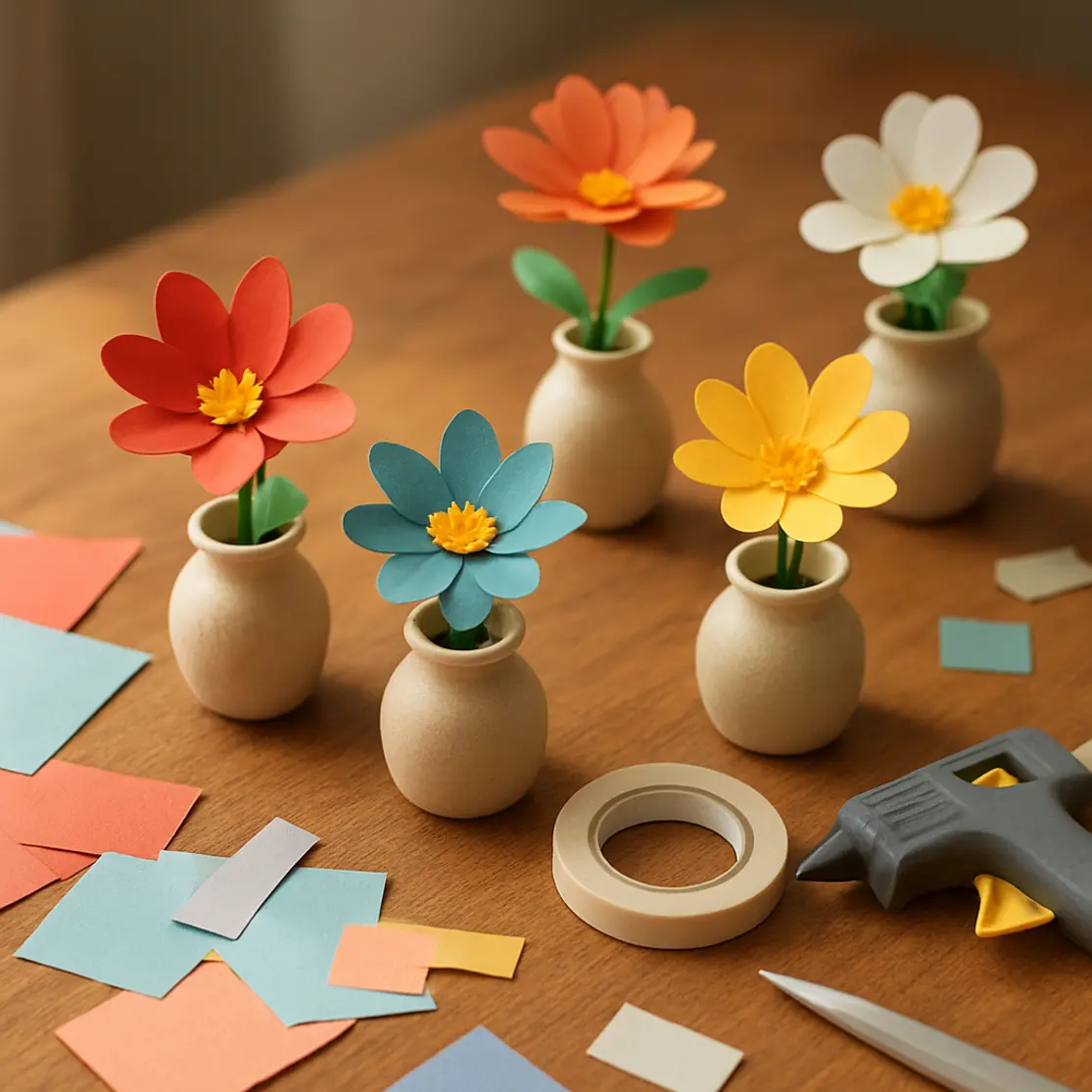 Vasinhos com flores simples de papel em aparador decorado, materiais de artesanato ao redor