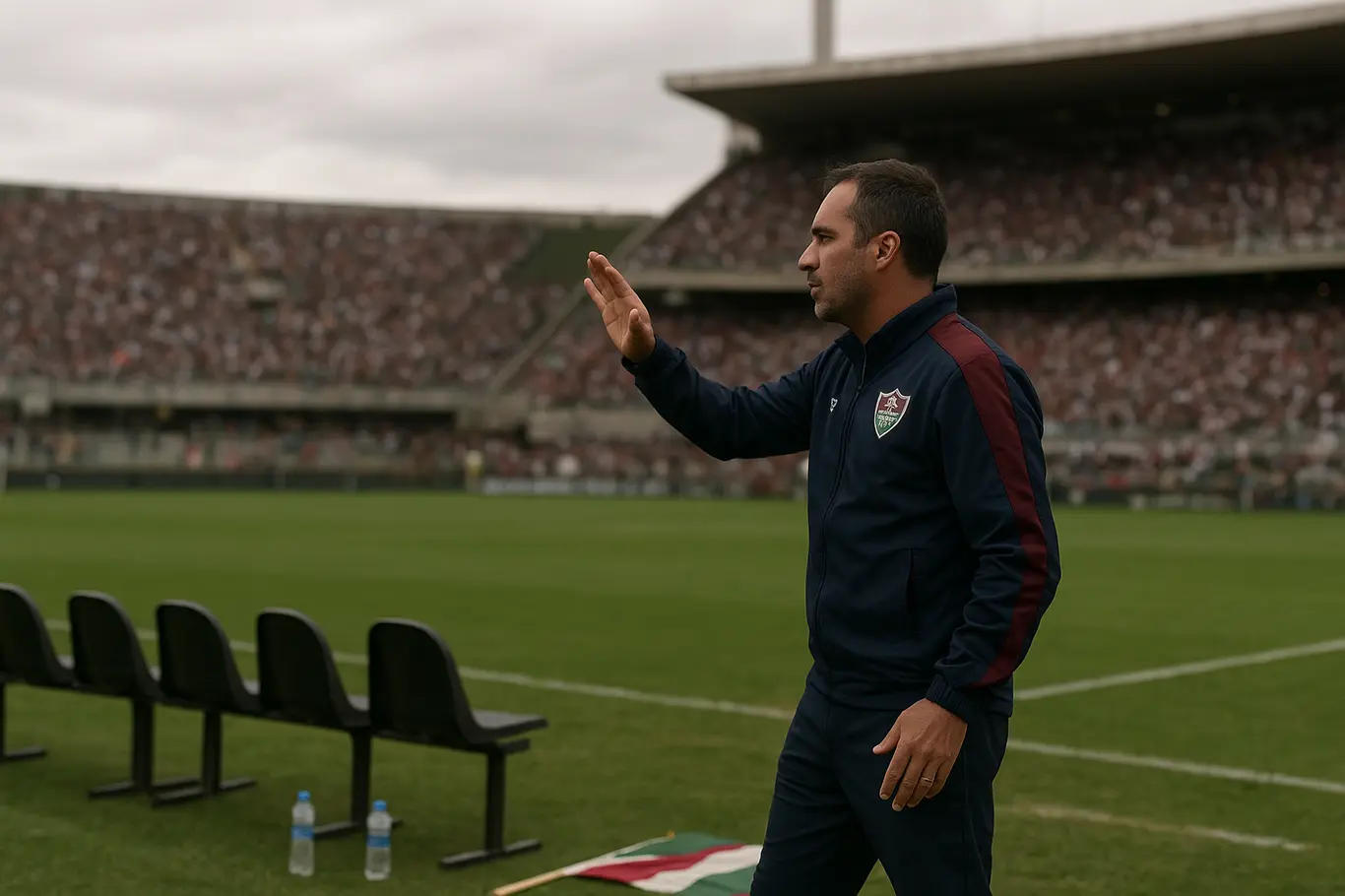 Técnico do Fluminense de costas na beira do campo, bancada parcialmente vazia e torcida desfocada