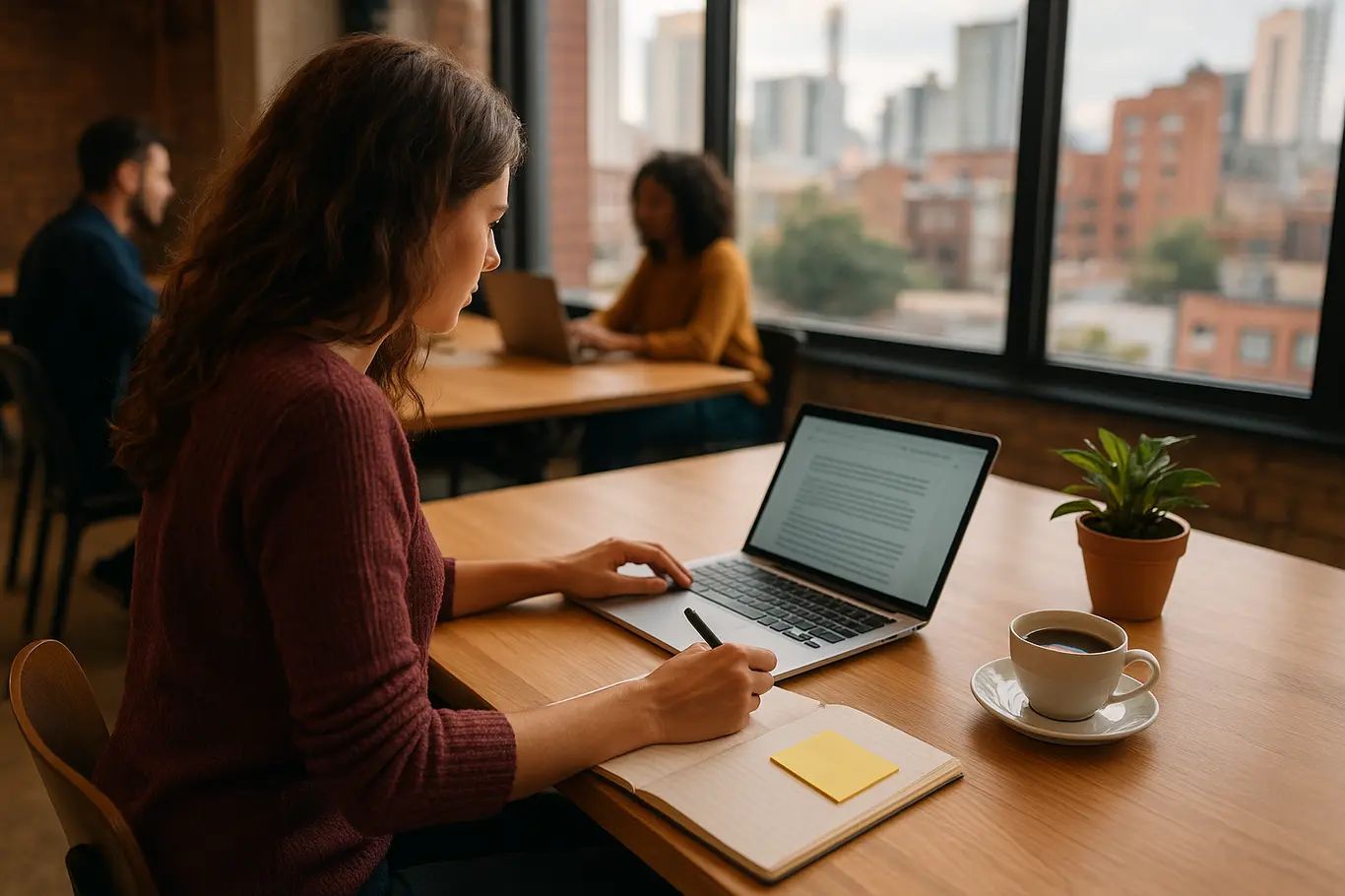 Cena aberta de freelancer em coworking com laptop, caderno e vista urbana ao fundo