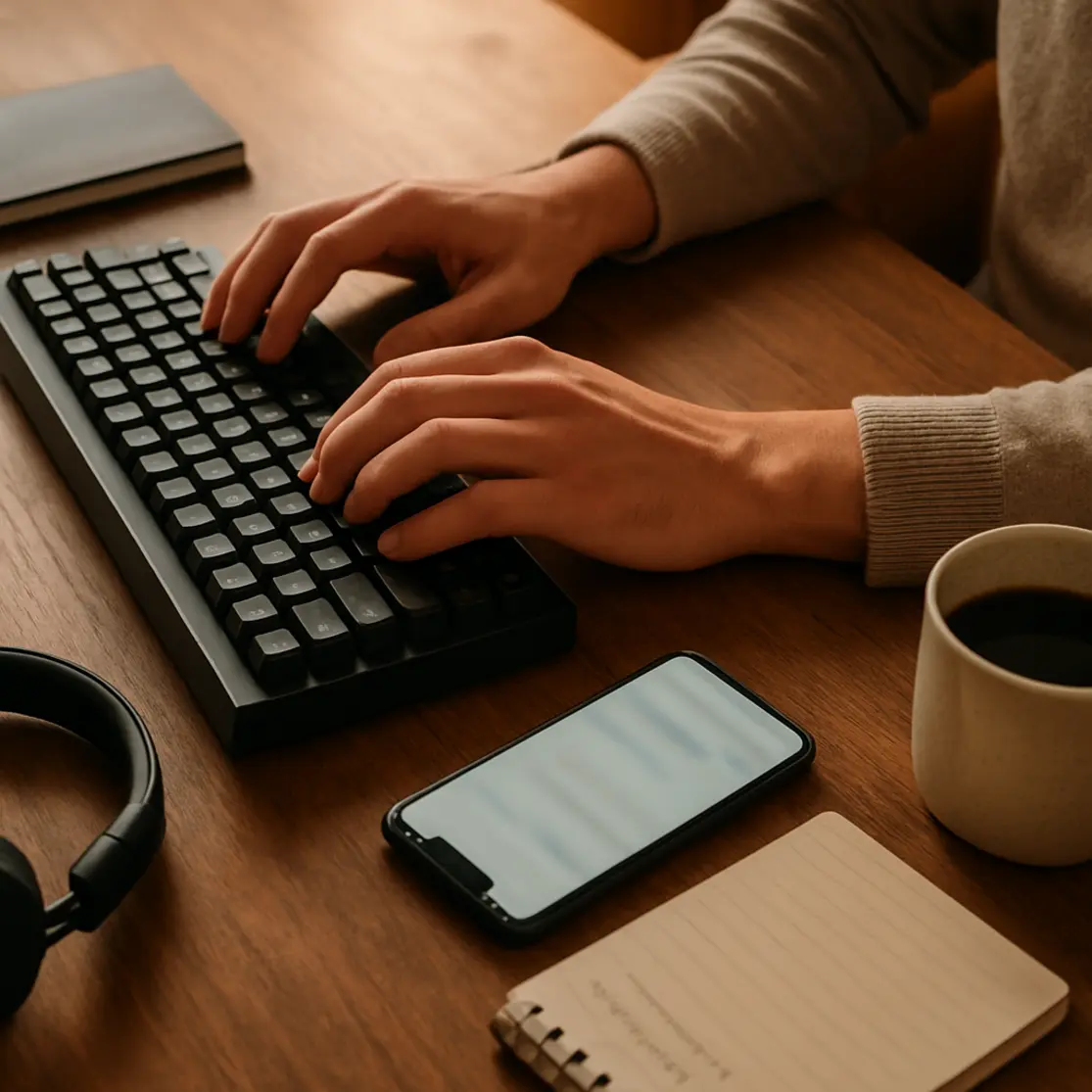 Mãos digitando em teclado com smartphone e caderno em mesa, detalhes de ferramentas do freelancer