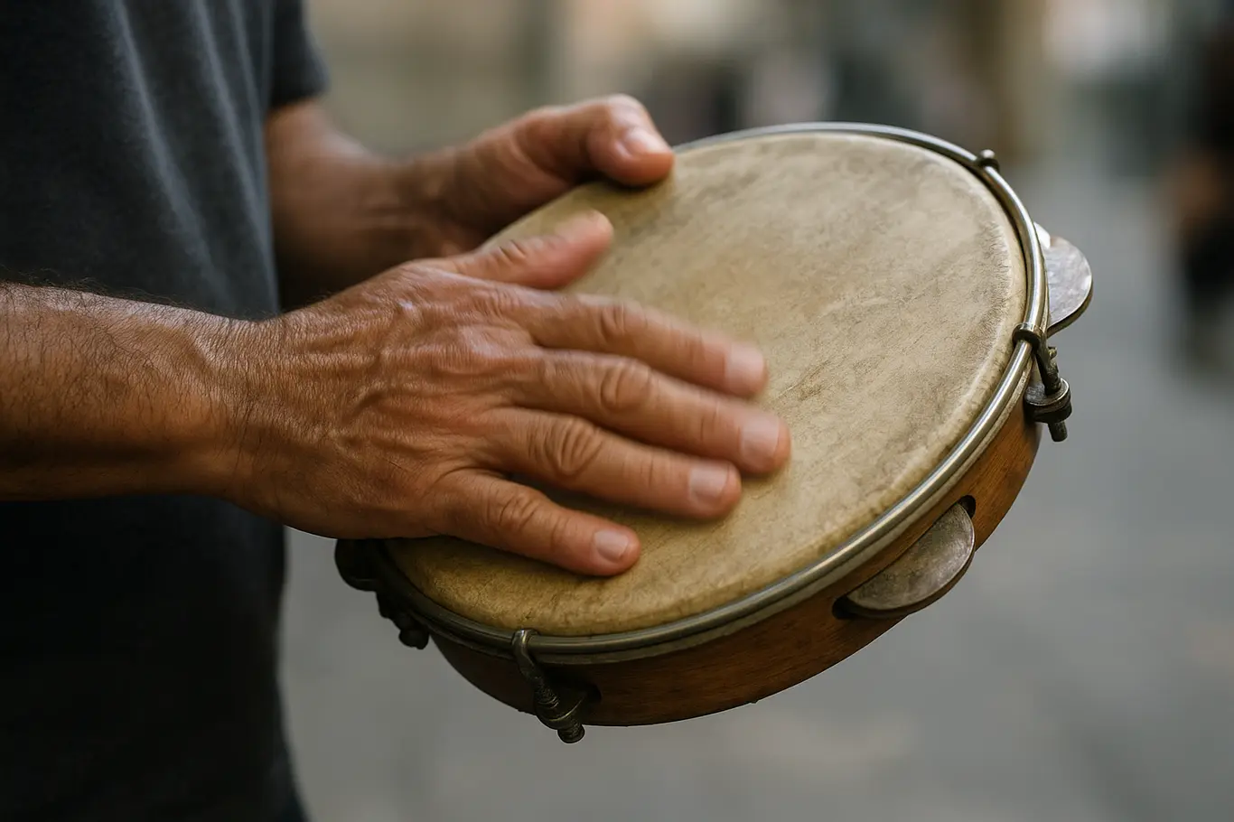 Close das mãos de percussionista tocando pandeiro com fundo desfocado