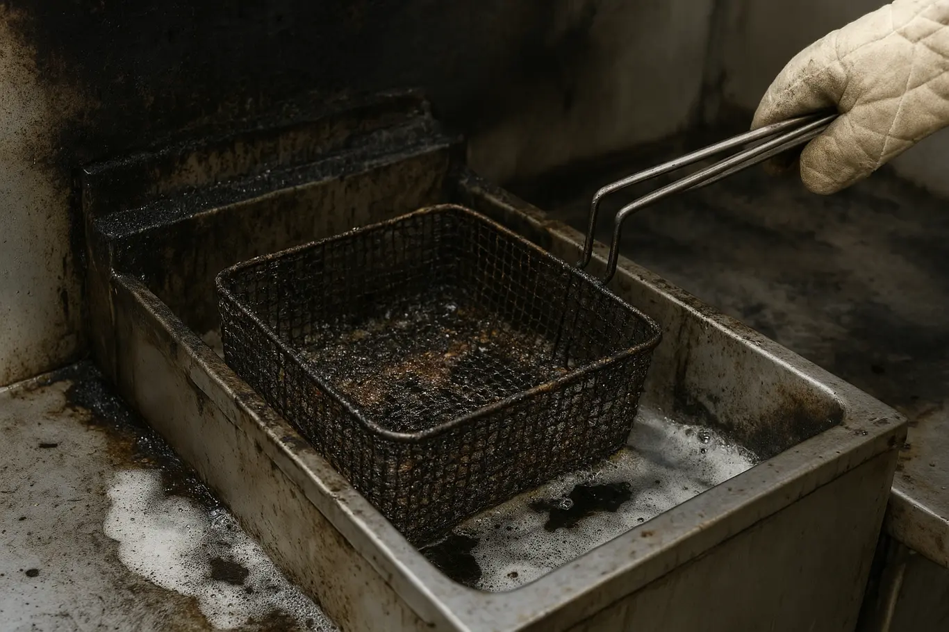 Detalhe do cesto da fritadeira queimado com espuma de extintor e fuligem