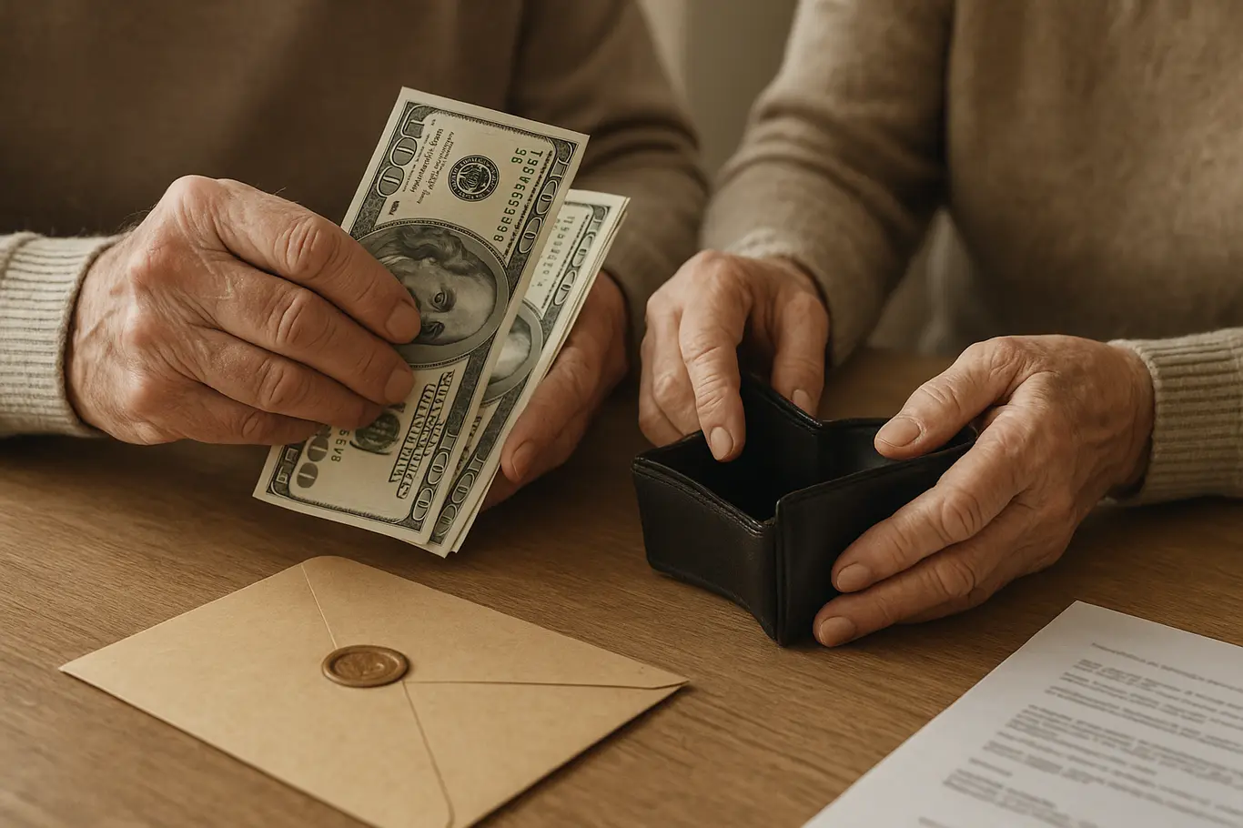 Close-up das mãos de idosos segurando cédulas e carteira vazia sobre mesa, envelope ao lado.