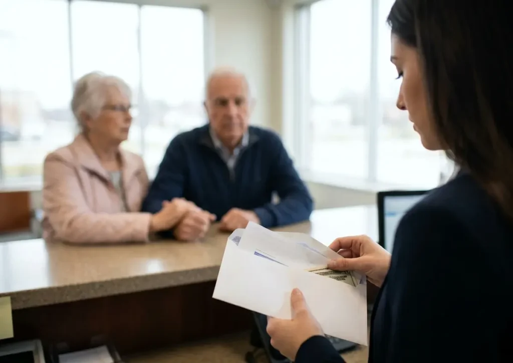 Funcionária de banco vista de costas segurando envelope, casal de idosos desfocado ao fundo em agência.