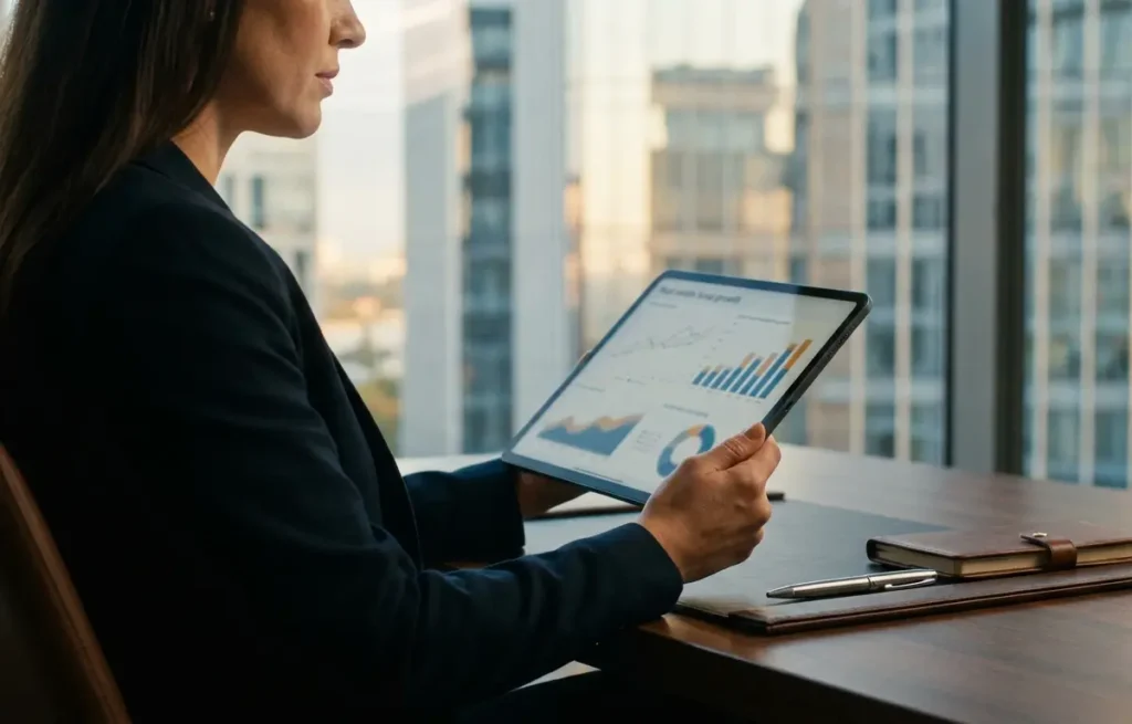 Fundos imobiliários: estratégia prática para renda em 2026 Investidora em 3/4 segurando tablet com gráficos, escritório elegante e skyline urbano ao fundo