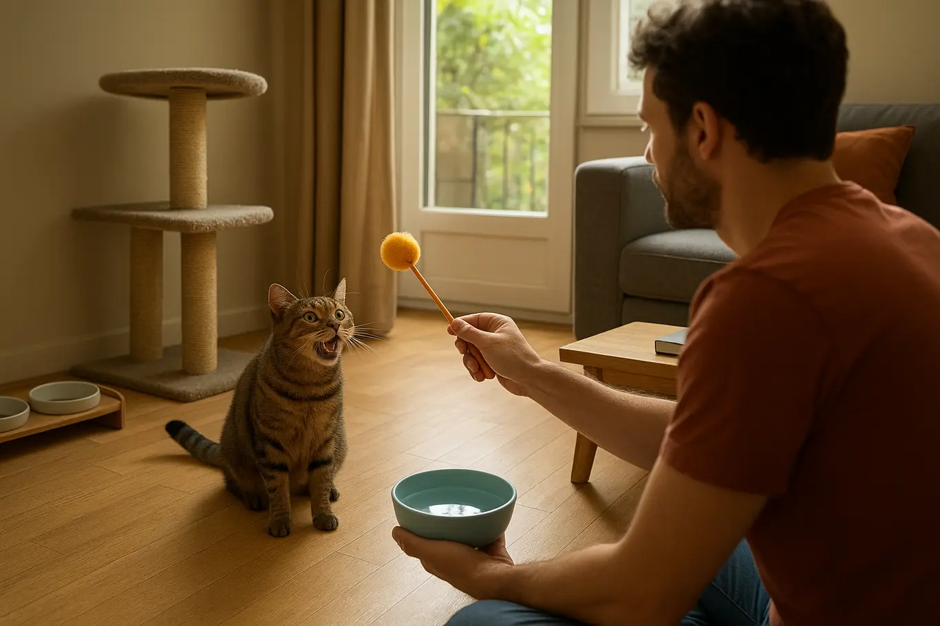 Sala ampla com gato miando no chão, tutor em perfil oferecendo brinquedo e água