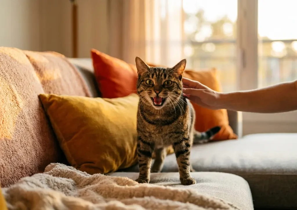 Gato miando muito: como diferenciar fome, dor e tédio e o que fazer Gato tigrado miando em sofá iluminado por luz dourada, mão acariciando em perfil