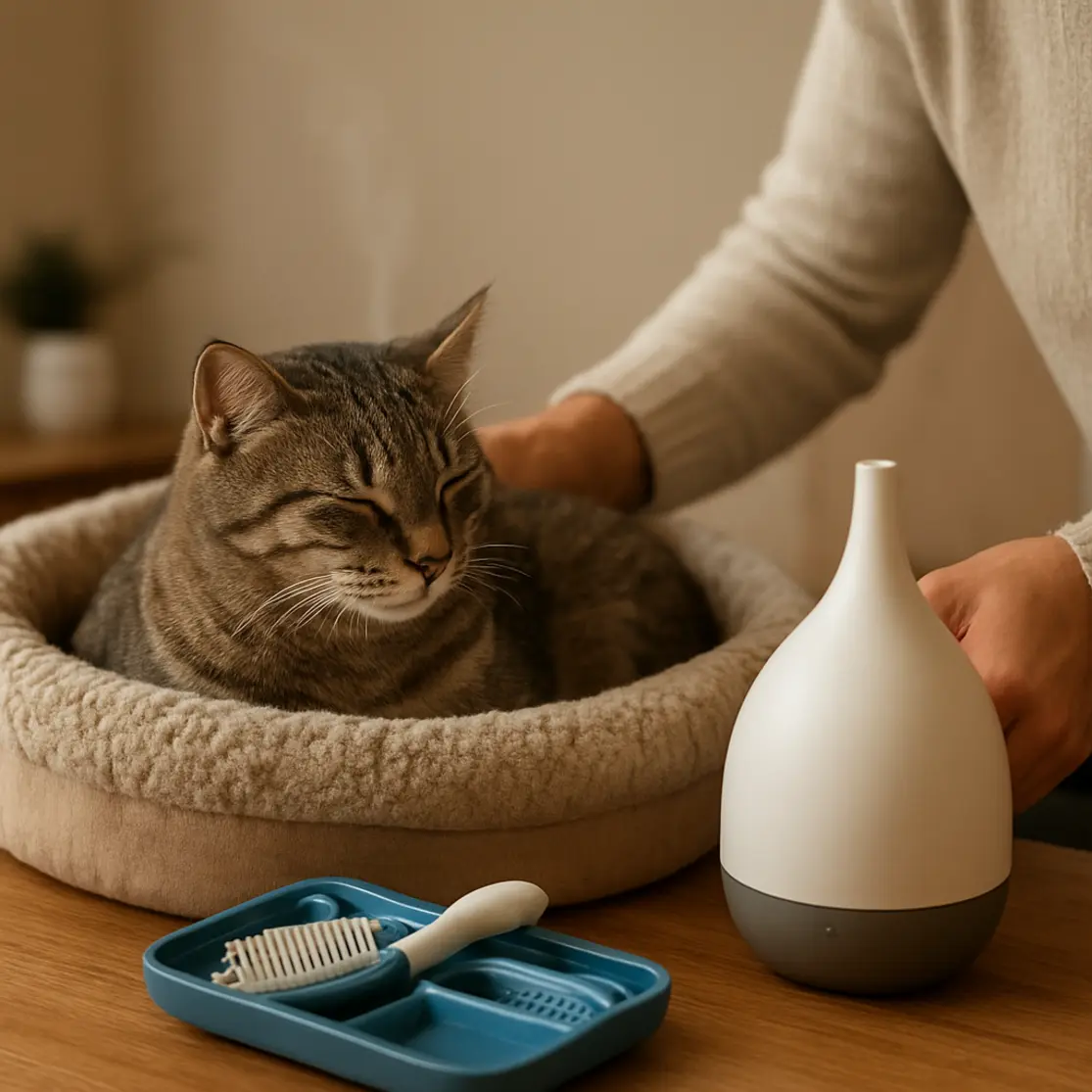 Gato na caminha com difusor de feromônio, tutor em 3/4 perfil ajustando a cama