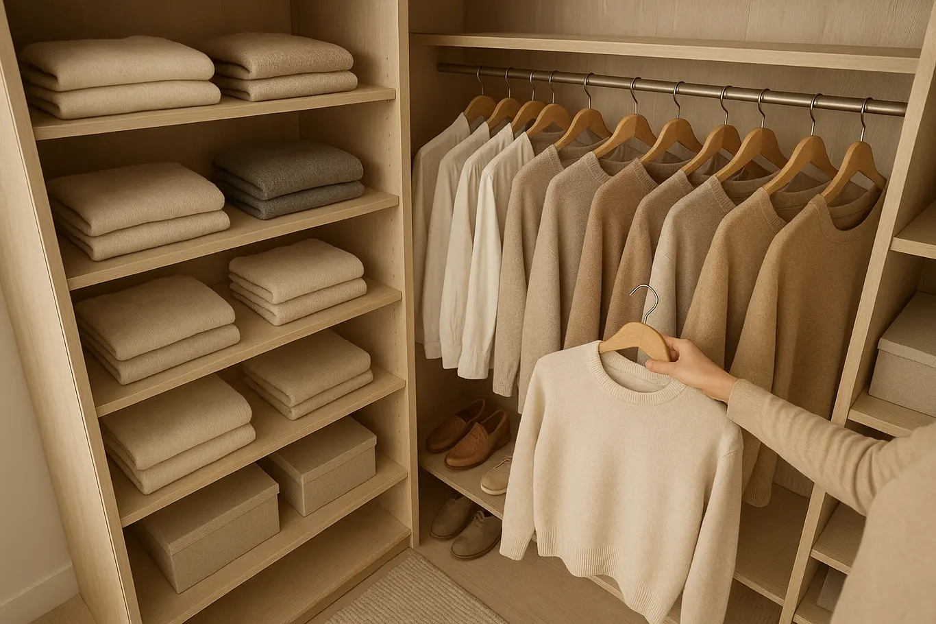 Closet aberto organizado com peças dobradas, sapatos alinhados e mão segurando uma camisa