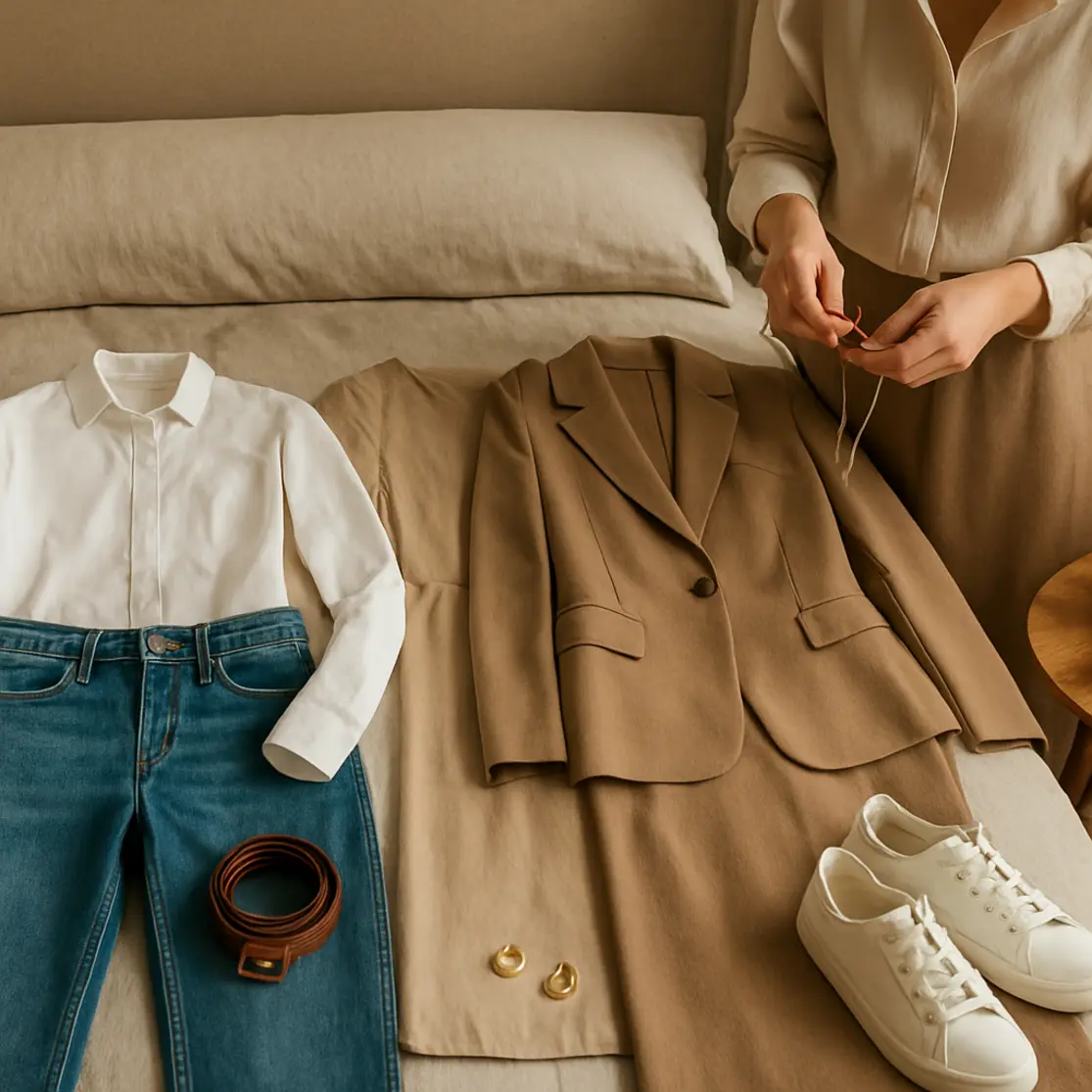 Três looks organizados sobre a cama com acessórios, mão ajustando um colar
