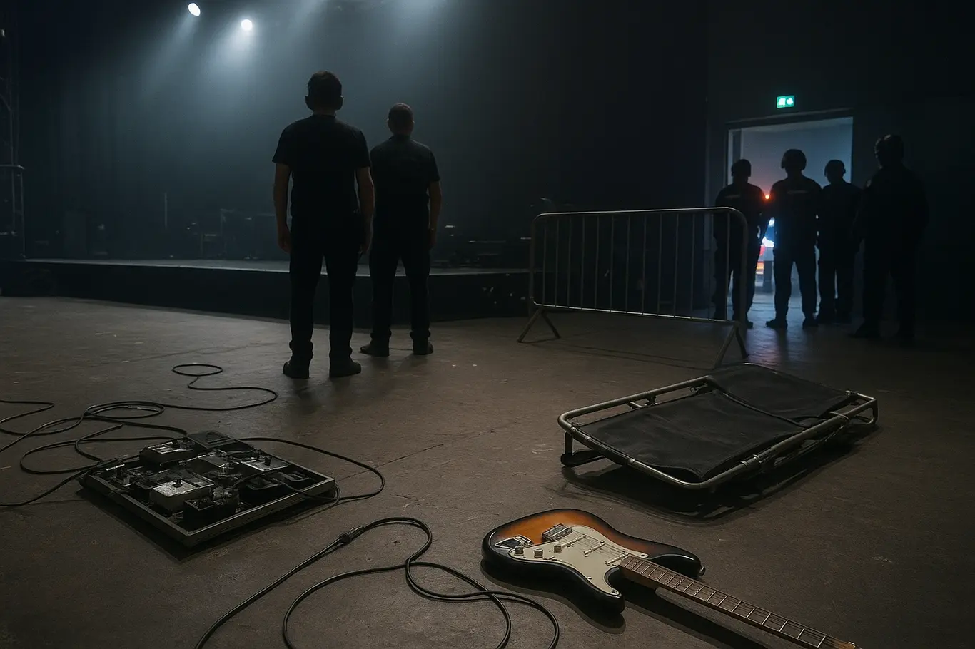 Palco vazio com guitarra caída, pedalboards e maca ao lado, equipe e ambulância ao fundo
