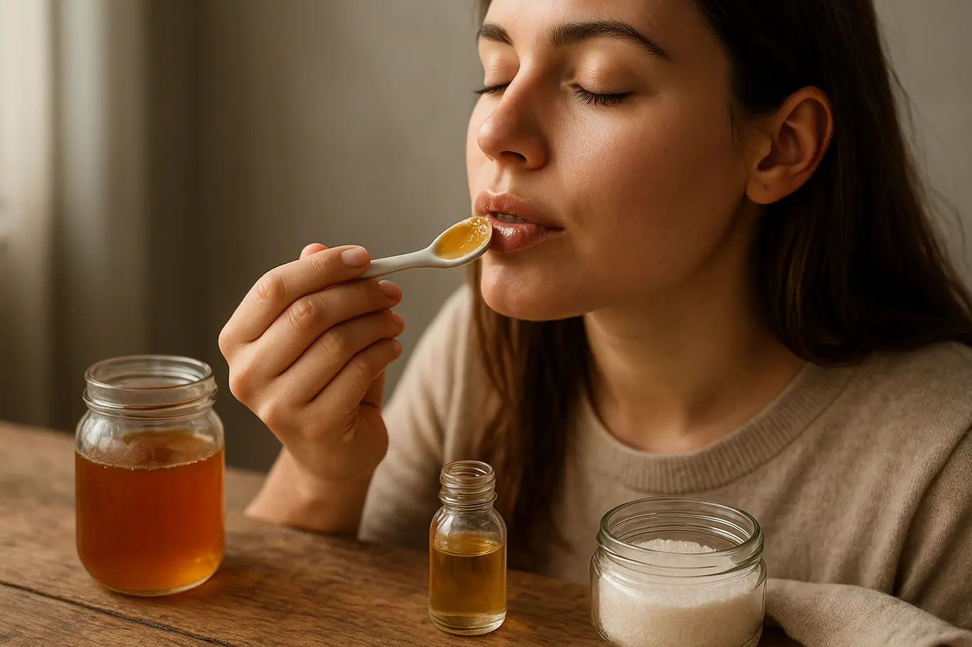 Aplicação de máscara caseira nos lábios com colher, ingredientes ao lado sobre mesa