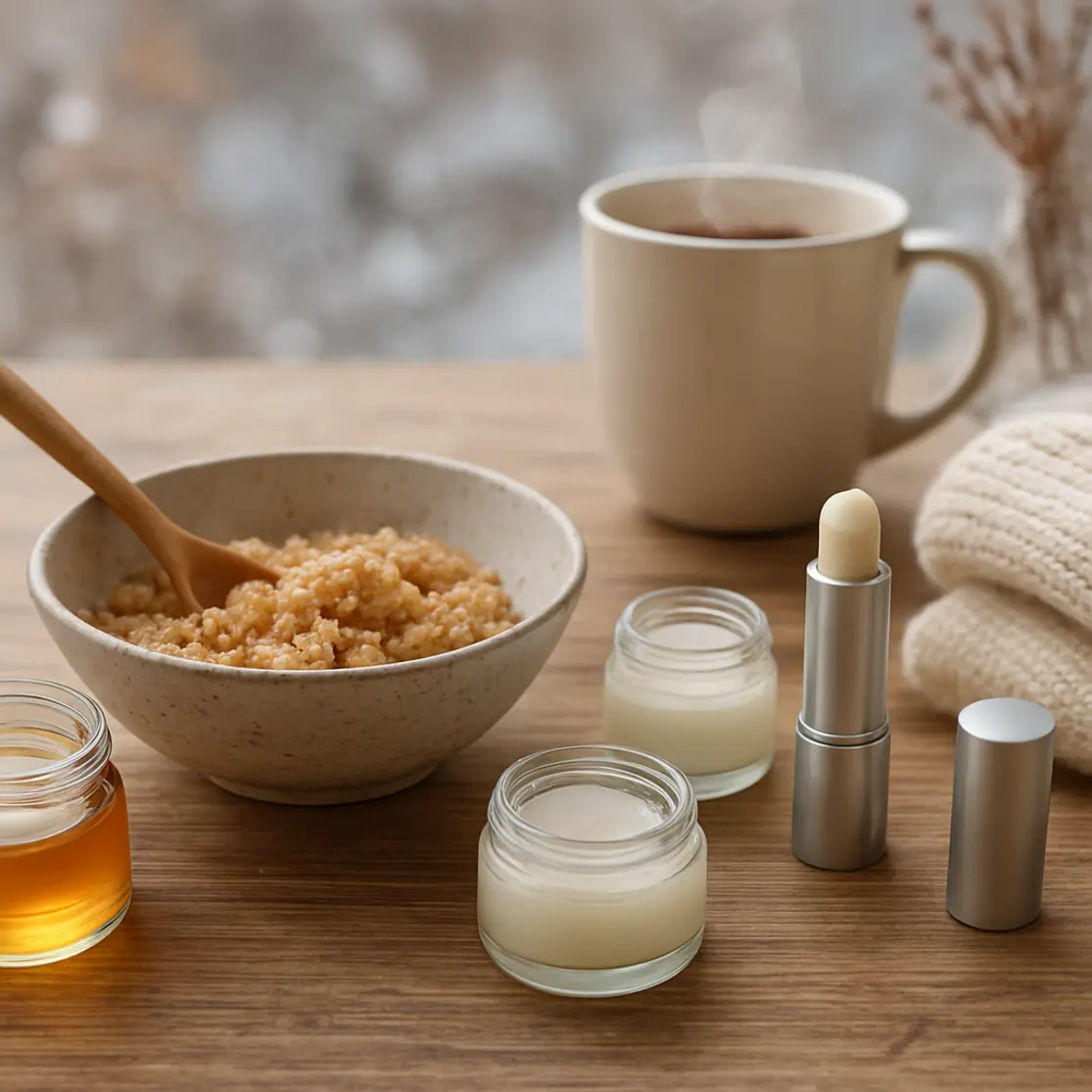 Bancada com ingredientes e produtos para hidratação labial, xícara de chá e suéter