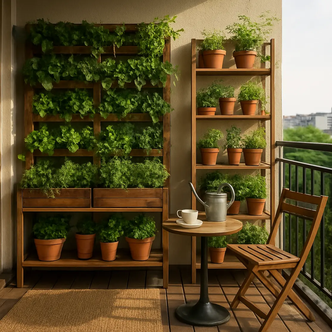 Varanda de apartamento com várias hortas verticais e mesa pequena