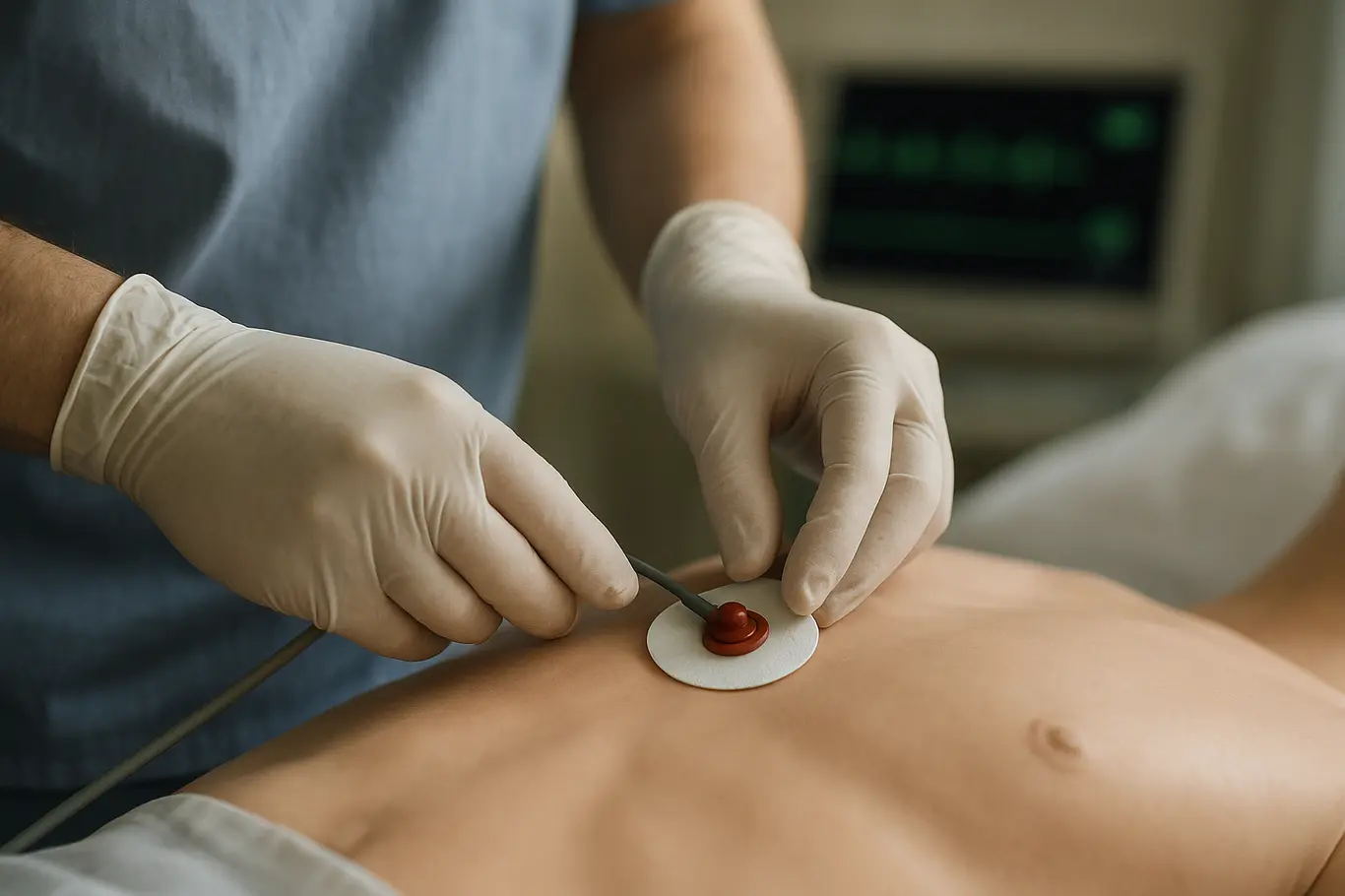 Close-up de mãos enluvadas conectando eletrodo de ECG a um manequim durante treinamento hospitalar.