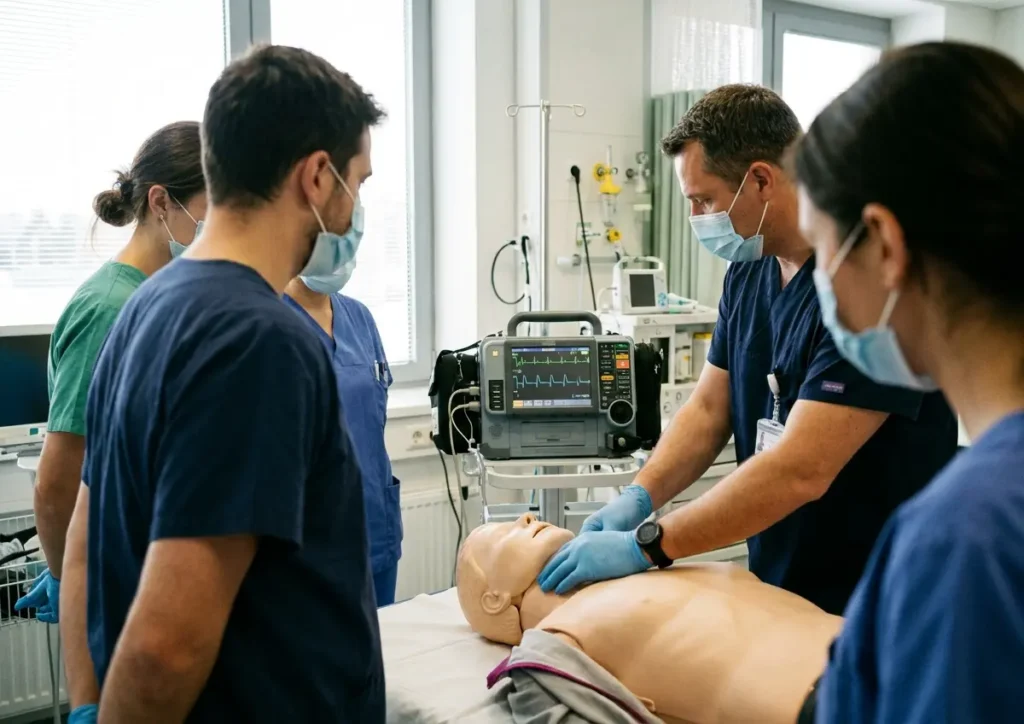 Equipe do Hospital de Base em treinamento prático com manequim e monitor de ECG, instrutor demonstrando checagem de sinais.