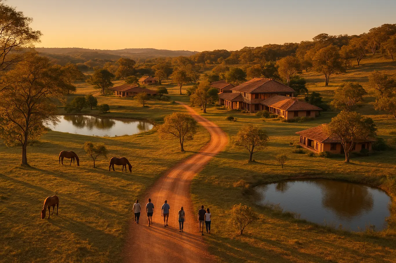 Conjunto de hotéis fazenda entre cerrado e lago visto em perspectiva ampla